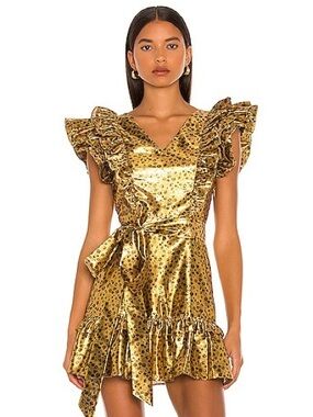 Love Shack Fancy Sz 0 Zoya Gold Metallic Abstract Print Ruffle Belted Mini Dress